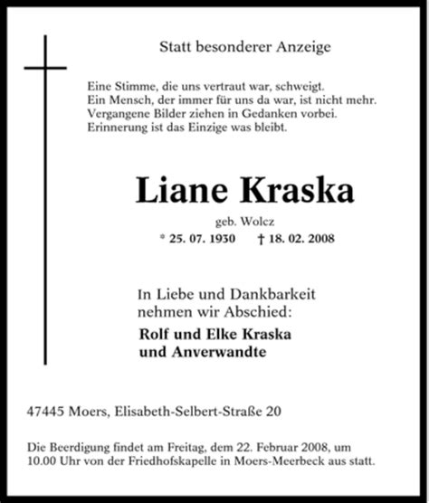 Traueranzeigen Von Liane Kraska Trauer In NRW De