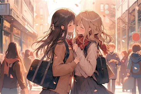 Premium Photo | Anime kiss of couple two happy girls in love in school uniform on street