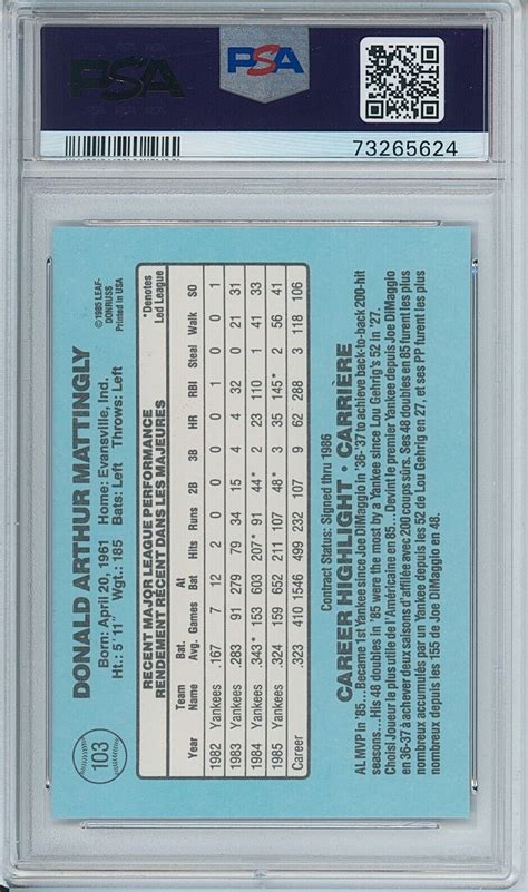 Leaf Don Mattingly Psa Mint New York Yankees Ebay