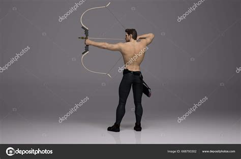 Render Shirtless Male Archer Pose Practicing Archery Studio Wood Bow ...