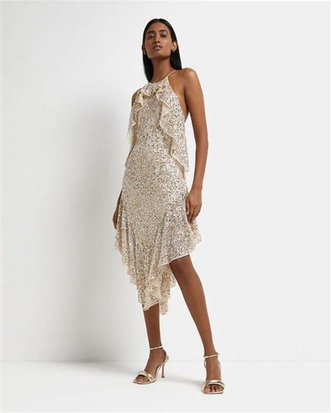 River Island Cream Sequin Embellished Slip Midi Dress In Natural Lyst