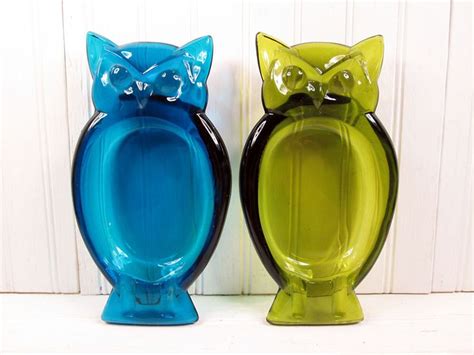 Vintage Viking Art Glass Owl Ashtray Set Green Blue Retro Lot Mid