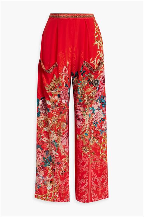 Camilla Crystal Embellished Printed Silk Chiffon Wide Leg Pants In Red