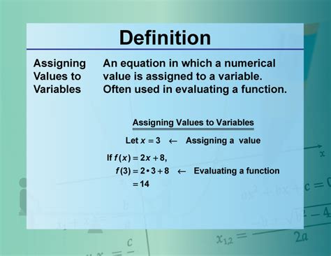 Definition Equation Concepts Assigning Values To Variables Media4Math