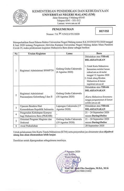 Revisi Perubahan Jadwal Registrasi Administrasi Dan Kegiatan Mahasiswa Baru Tahun 2020