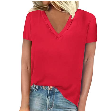 Ameiaea 2024 Summer T Shirts For Women V Neck Solid Color Shirts Short