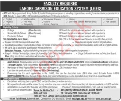 Lahore Garrison Education System Lges Lahore Jobs Job