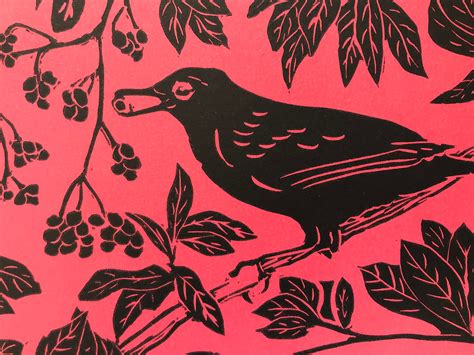 Blackbird With Berries Linocut Print Etsy Canada