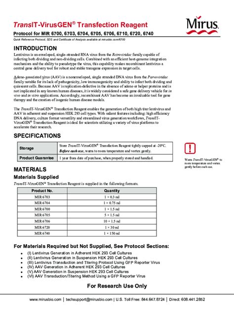 Fillable Online TransIT VirusGEN Transfection Reagent Safety Data Sheet