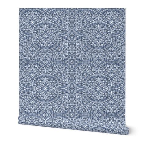 White Vintage Ornaments On A Delft Blue Wallpaper Spoonflower