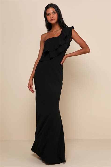 Black Ruffled One Shoulder Maxi Dress Mermaid Maxi Dress Gown Lulus