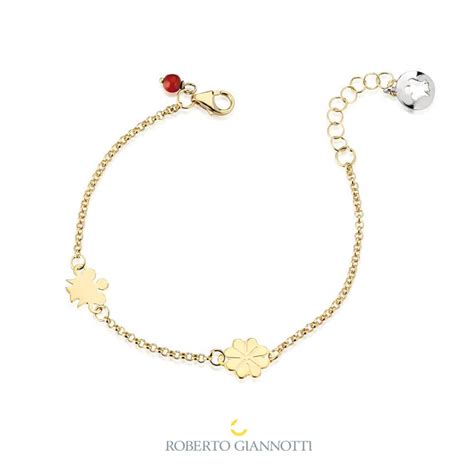 Bracciale BIMBO A Oro Giallo Con Angelo Quadrifoglio E Corallo Rosso