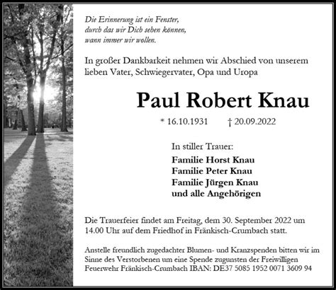 Traueranzeigen Von Paul Robert Knau Vrm Trauer De