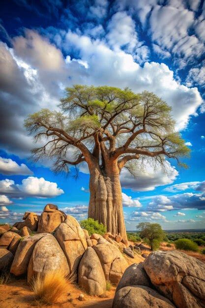 Baobab tree landscape A stunning baobab tree photographed with a rocky ...