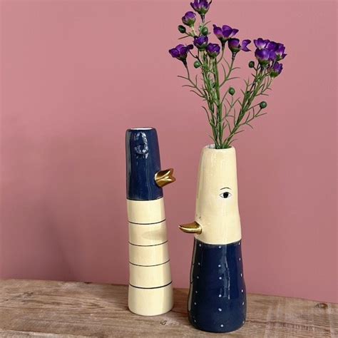 Keramik vase med ansigt and gul blå Vaser og potter COW CONCEPT