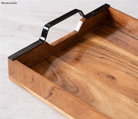 Buy Acacia Wood Serving Tray Platter With Black Handle Online In India At Best Price Modern