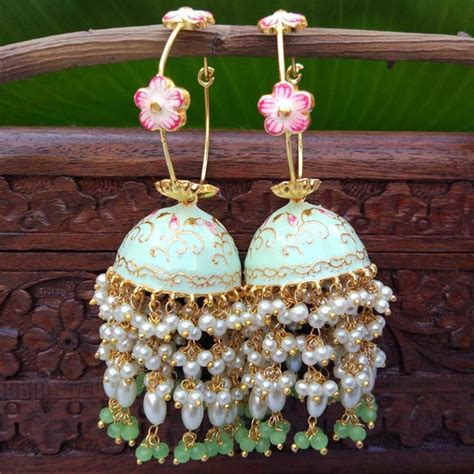 Sea Green Meenakari Pearl Jhumka Earrings For Wedding FashionCrab