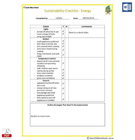 Sustainability Checklist Energy Aussie Childcare Network