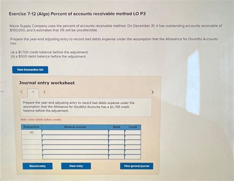 Solved Exercise 7 12 Algo Percent Of Accounts Receivable Chegg