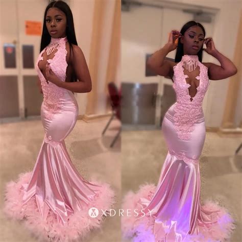 Pink Lace Satin Feather Halter Mermaid Prom Gown Xdressy