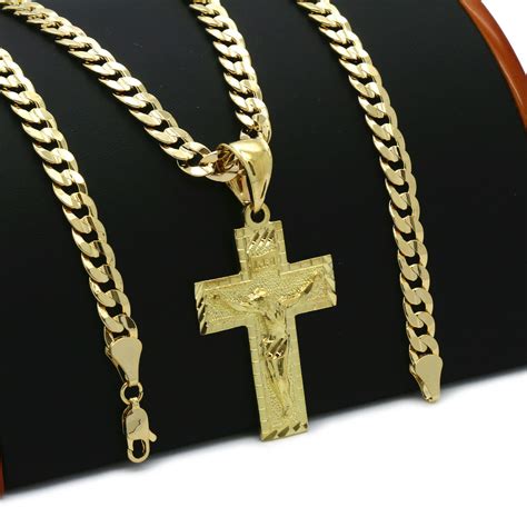 Mens 18k Gold Plated JESUS CROSS S Hip Hop Pendant 6mm Cuban Chain