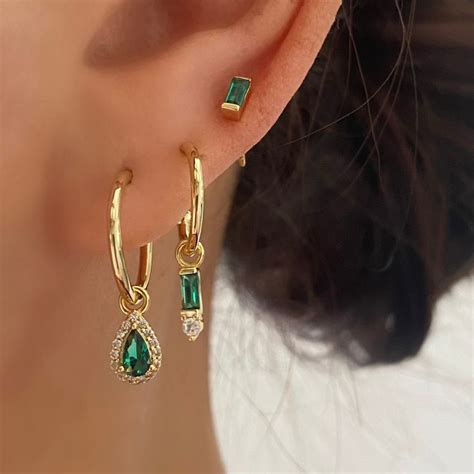 Green Dangly Ear Stack Set 925 Sterling Silver 3 Pieces Gold Earring