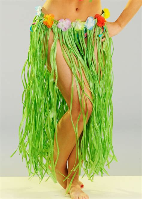 Long Green Hula Grass Skirt With Flowers