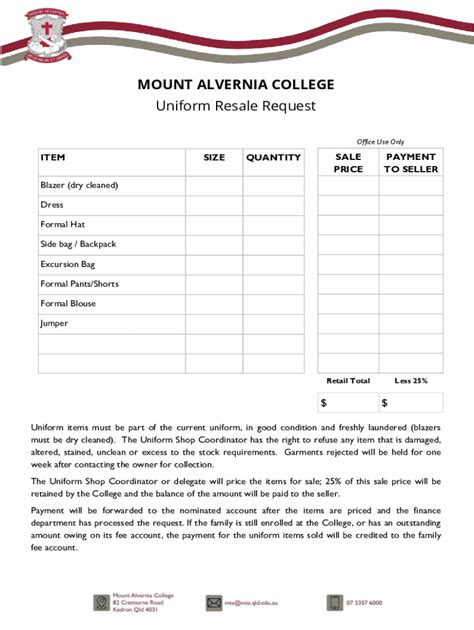 Fillable Online MOUNT ALVERNIA COLLEGE Uniform Resale Request Fax Email ...