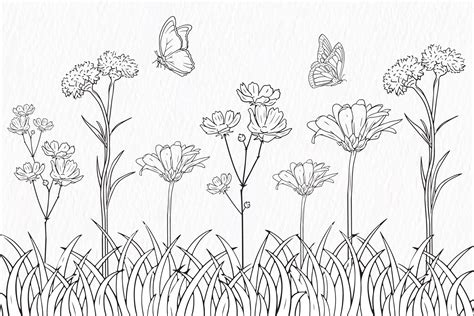 Garden with flowers, grass and butterfly line drawing clipart 26264297 ...