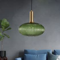 Gold Oval Pendant Lamp Modernist 1 Light Green Ribbed Glass Ceiling