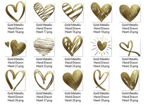 30 Realistic 24k Gold Metallic Hand Drawn Heart Clip Arts 300 Etsy