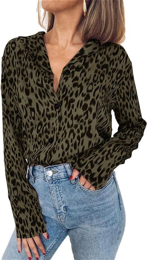 Blusa De Leopardo De Manga Larga Con Cuello Desplegable Para Mujer