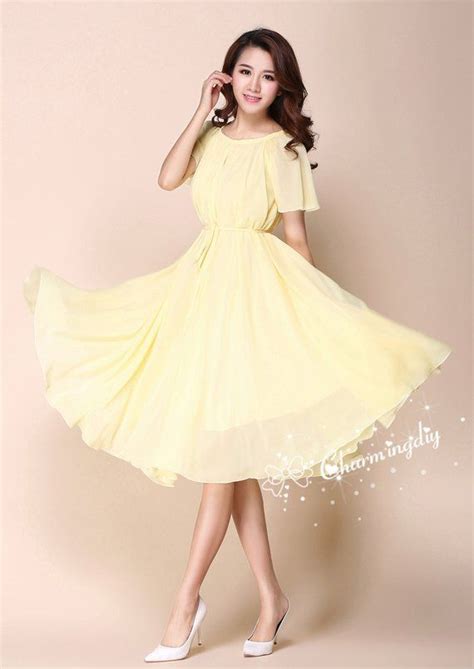 110 Colors Chiffon Yellow Short Sleeve Knee Skirt Party Evening Wedding