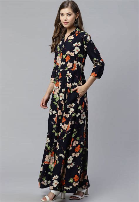 Printed Viscose Rayon Maxi Dress In Navy Blue Tkv99