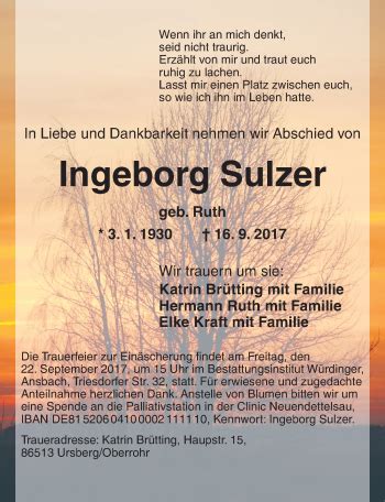 Traueranzeigen Von Ingeborg Sulzer Trauer Flz De