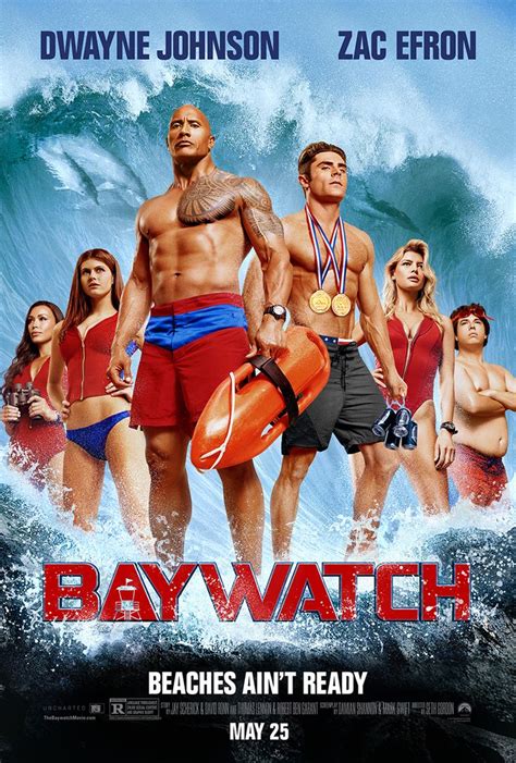 The Poster For Baywatch Is Shown With Surfers In Red And Blue Swimsuits