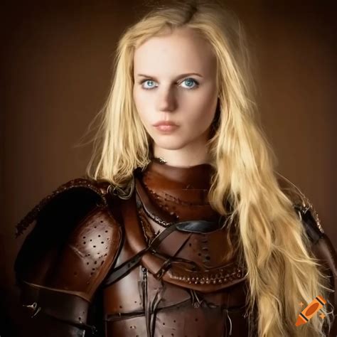 Young Woman With Blonde Hair And Blue Eyes In Victoria Frances Style Leather Armor On Craiyon