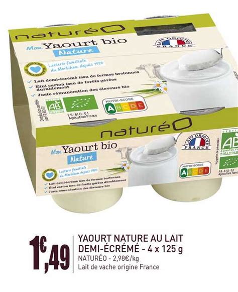 Promo Yaourt Nature Au Lait Demi écrémé 4 X 125 G chez NatureO