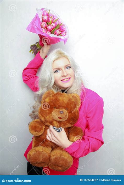 Tender Pretty Blonde Slim Teen Girl With Pink Flowers Cheerful Woman