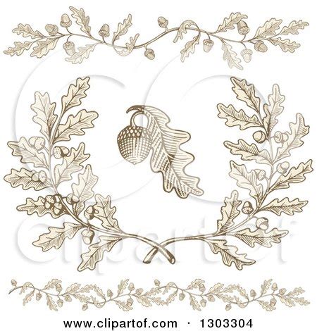 Clipart of Engraved Acorn and Oak Leaf Design Elements - Royalty Free ...