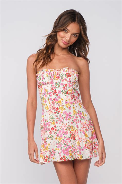 White Floral Strapless Bustier Mini Dress Boho Pink Cute Formal