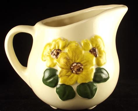 Vintage American Bisque Apco Pottery Pitcher Yellow Flowers American