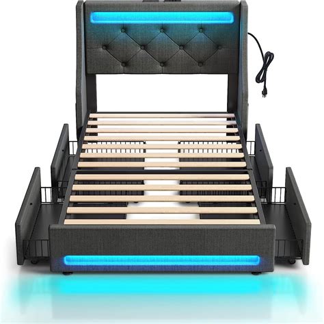 Rolanstar Bed Frame Twin Size With Charging Station And Led Lights