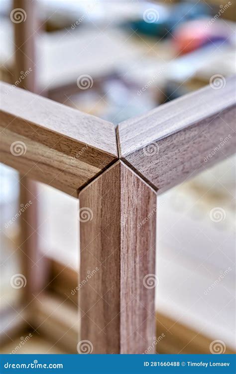 Wooden Frame Of Bedside Table Made Of Solid Walnut Joinery Angular Joint Of Planks On Dowels