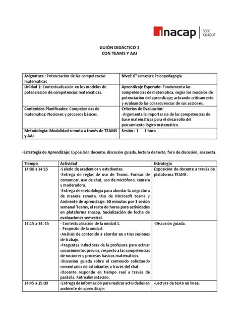 Guión Didáctico 1 Pdf Evaluación Aprendizaje