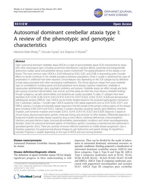 Autosomal Dominant Cerebellar Ataxia Type I A Review Of The Phenotypic