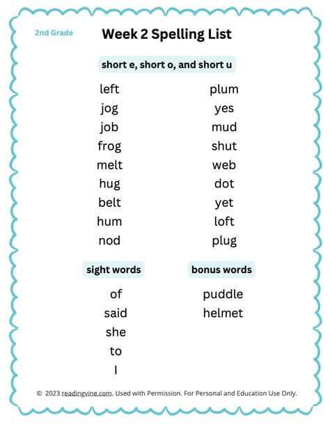 2nd Grade Spelling Words Weekly