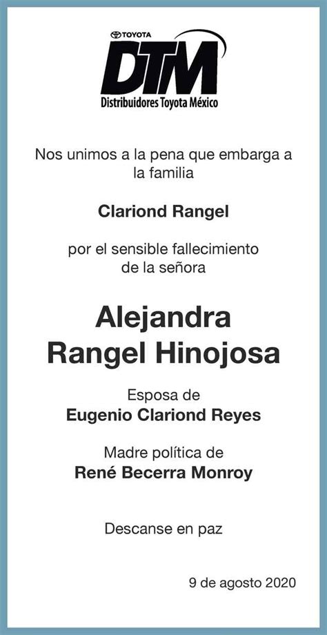 Se Ora Alejandra Rangel De Clariond Obituario Esquela