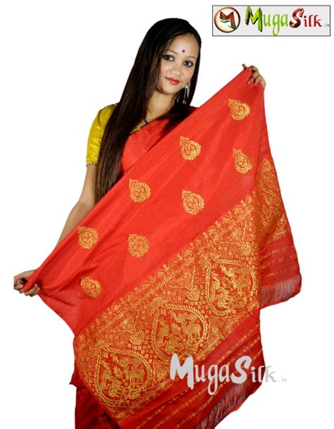 Red Assam Silk Mekhela Chador Mugasilk