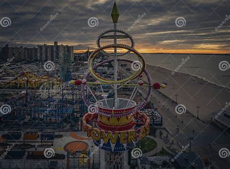 Aerial View of Early Morning Amusement Park Rides at Coney Island ...